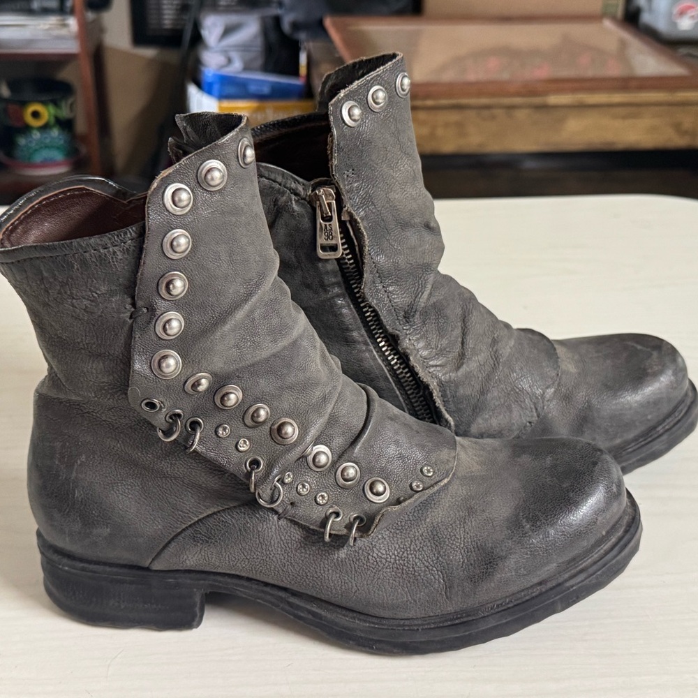 Women's AS98 Gray Leather Studded Boots Size 39 8.5
